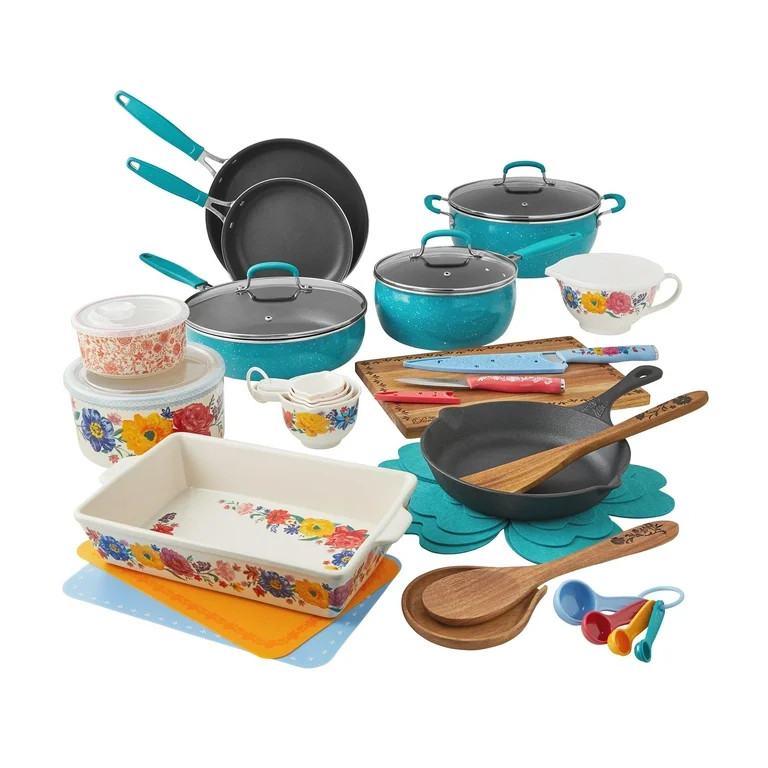 The Pioneer Woman Brilliant Blooms 38-Piece Cookware Set, Teal - Walmart.com | Walmart (US)