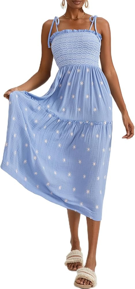 Floral Embroidered Maxi Dress Boho Dresses Smocked Summer Sundress | Amazon (US)
