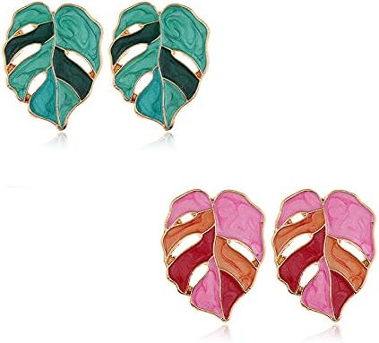 2 Pairs African Natural Monstera Leaves Stud Earrings Set Enamel Tropical Plant Palm Leaf Drop Da... | Amazon (US)