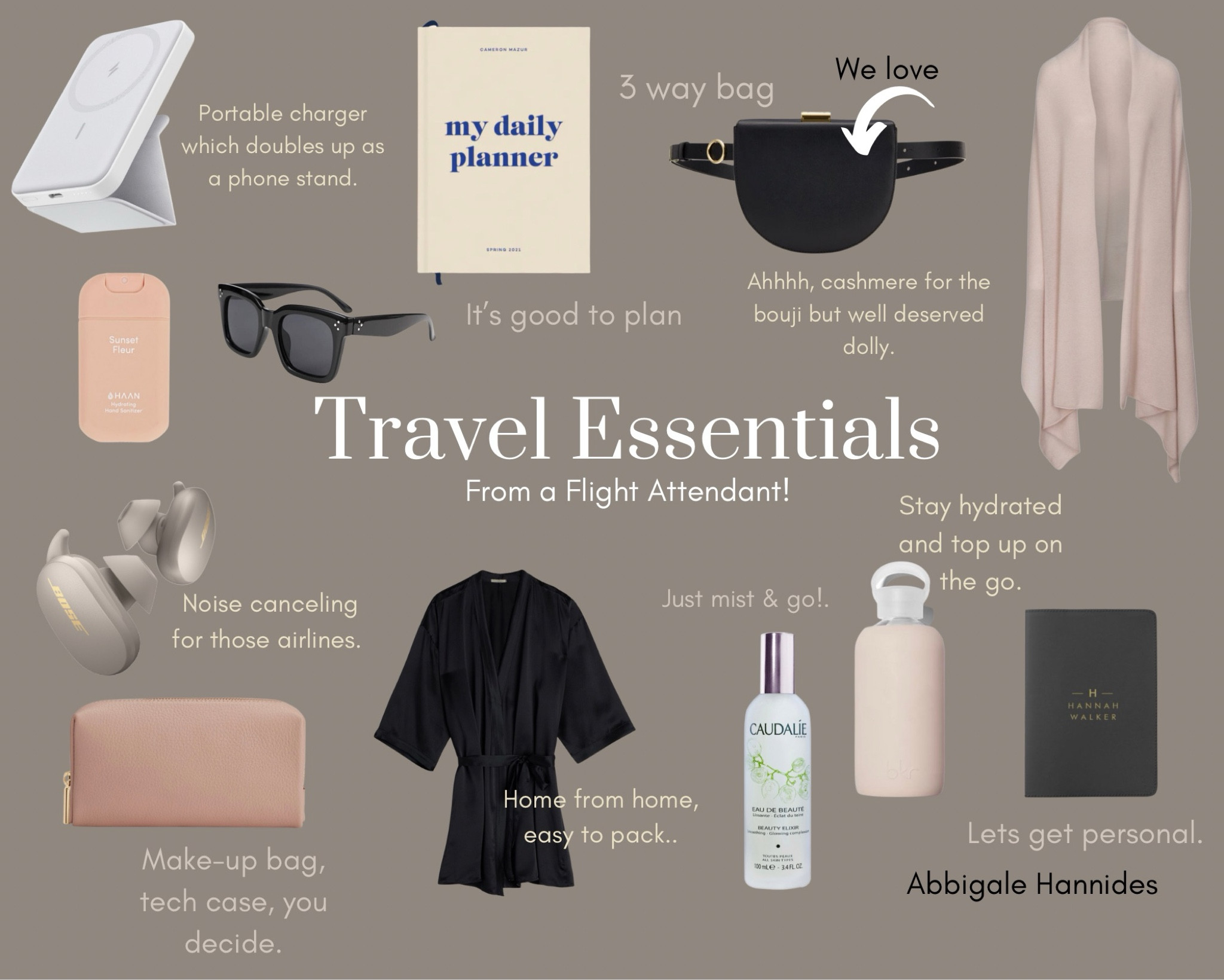 Travel essentials from a flight attendant. Silk robe. Face mist. Water bottle. Passport cover. Phone charger: mini bag. Sunglasses. Earphones. Travel diary. 

#LTKTravel #LTKCyberWeek #LTKGiftGuide