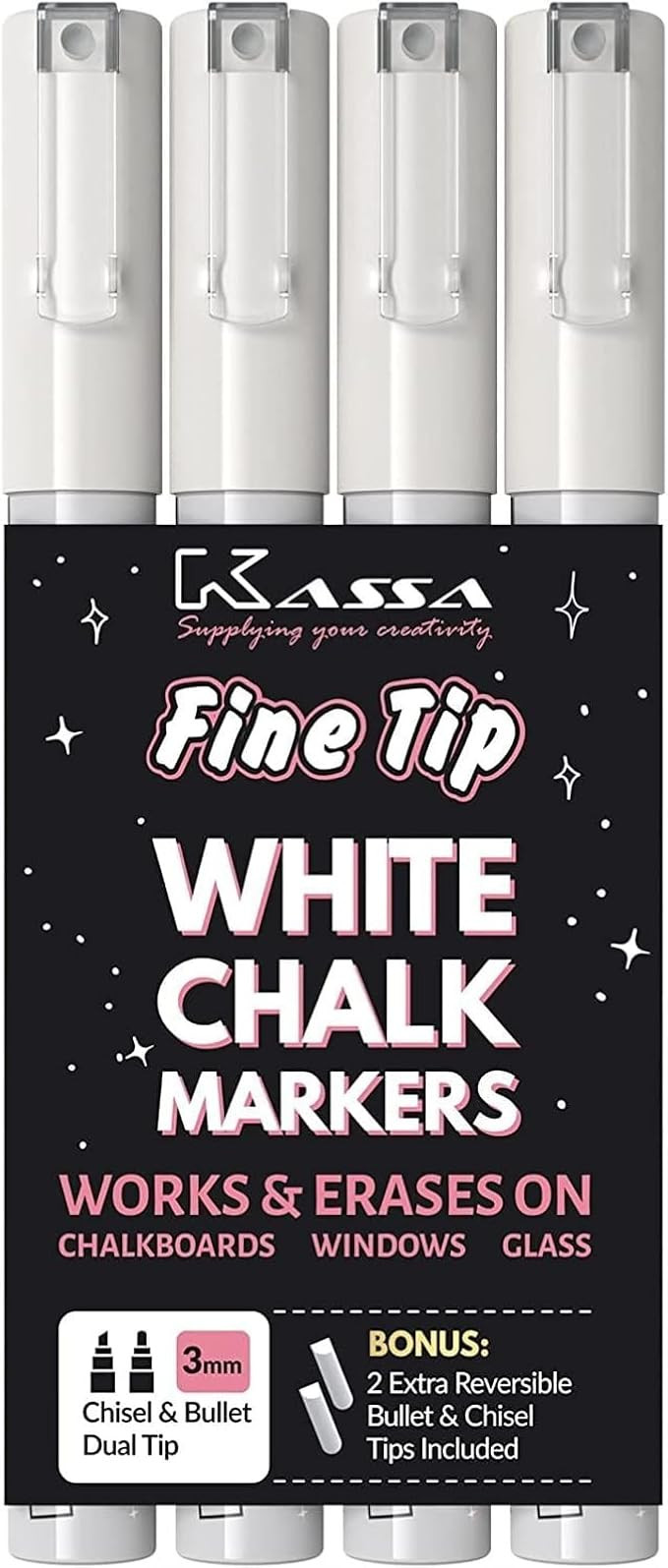 Kassa 4-Pack Fine Tip White Chalk Markers | Includes 2 3mm Reversible Bullet, Chisel Tips | Works... | Amazon (US)