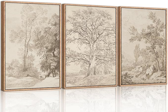 Vintage Sketchbook Forest Framed Canvas Wall Art Set, Neutral Minimalist Tree Wall Decor, Wildern... | Amazon (US)