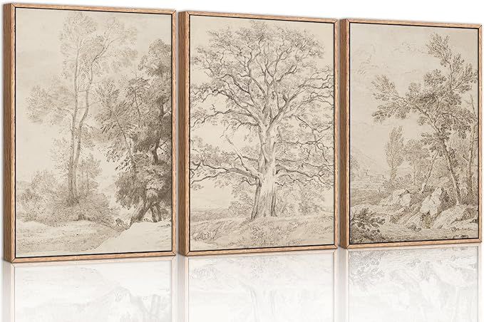 Ausril Vintage Sketchbook Forest Framed Canvas Wall Art Set, Neutral Minimalist Tree Wall Decor, ... | Amazon (US)