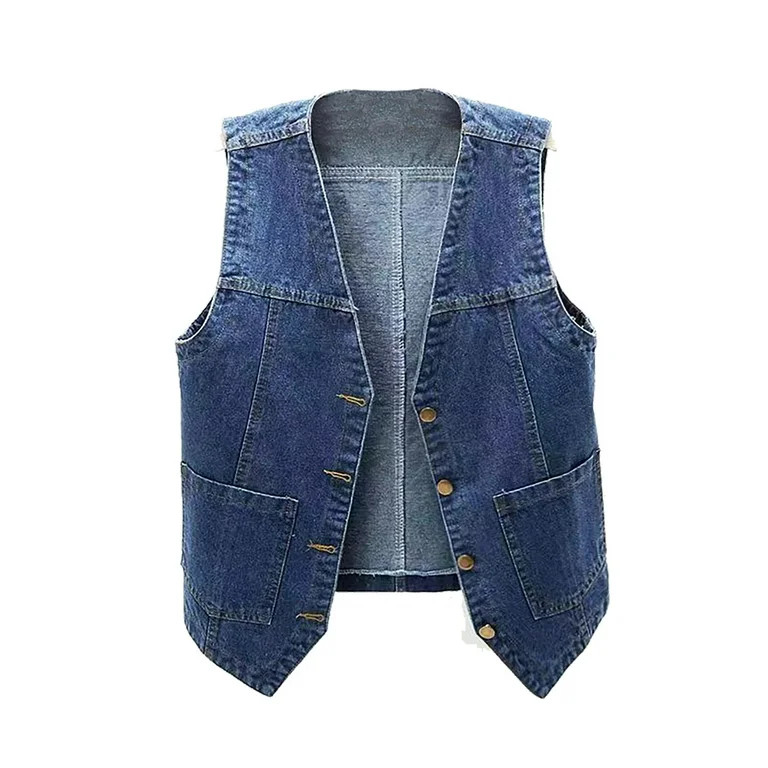 dazeni Prime Day Deals Today Womens Denim Jean Vest Classic Cropped Lapel Sleeveless Jean Jacket ... | Walmart (US)