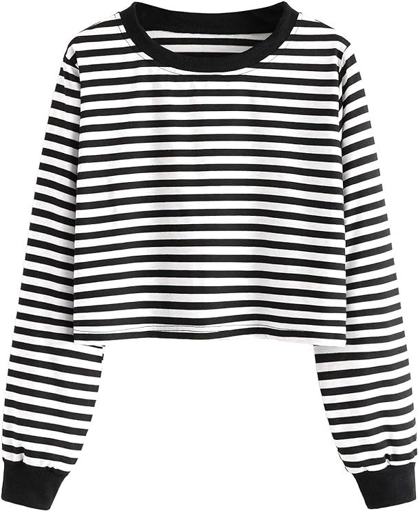 SweatyRocks Women's Casual Long Sleeve Striped Cropped T-Shirt Casual Crop Tee Top | Amazon (US)