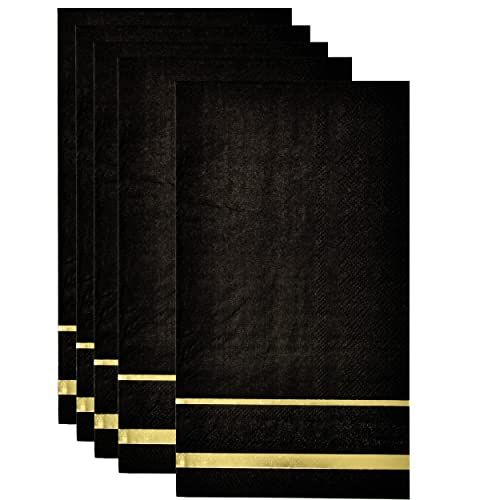 100 Gold Trim Lined Black Guest Napkins Disposable Paper Pack Elegant Dinner Hand Napkin for Bathroo | Amazon (US)
