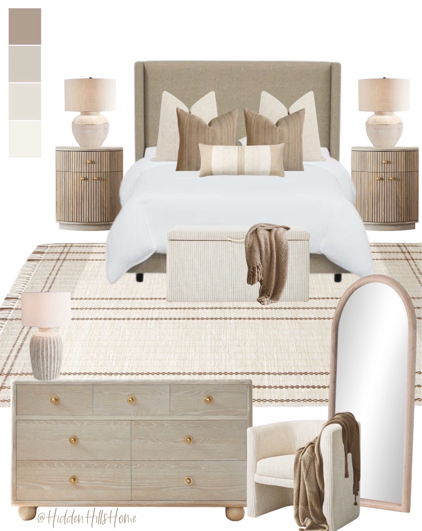 Neutral bedroom decor, nightstands, bedroom rug, bedding, home decor, Modern transitional bedroom mood board, primary bedroom design ideas, master bedroom mood board decor #homedecor


#LTKSaleAlert #LTKHome