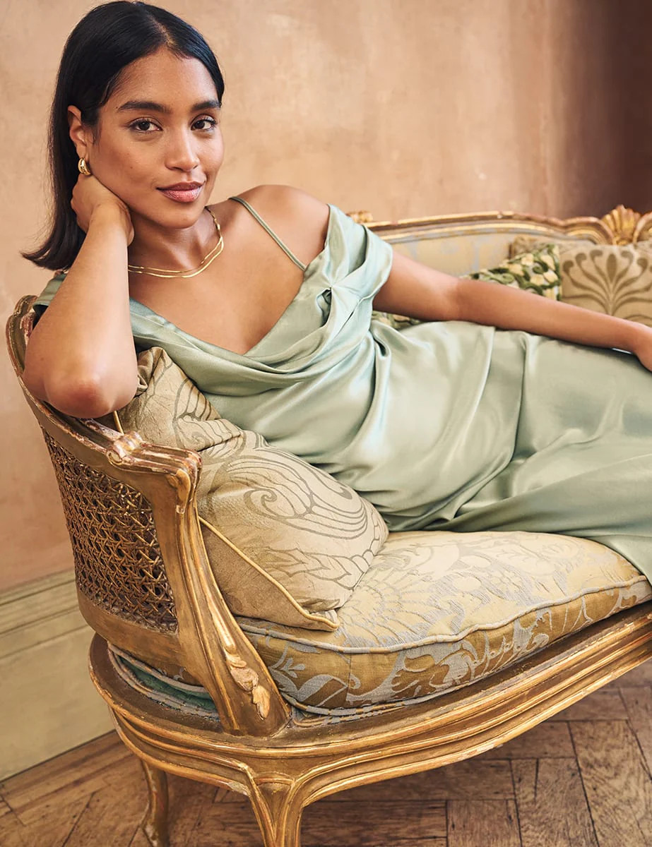 Sage Green Satin Bardot Gaia Bridesmaid Maxi Dress | Nobody's Child