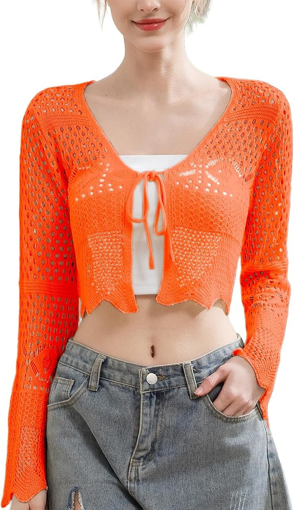 Women's Lightweight Summer V-Neck Tie Front Cropped Cardigan Bell Long Sleeve Crochet Knit Open F... | Amazon (US)