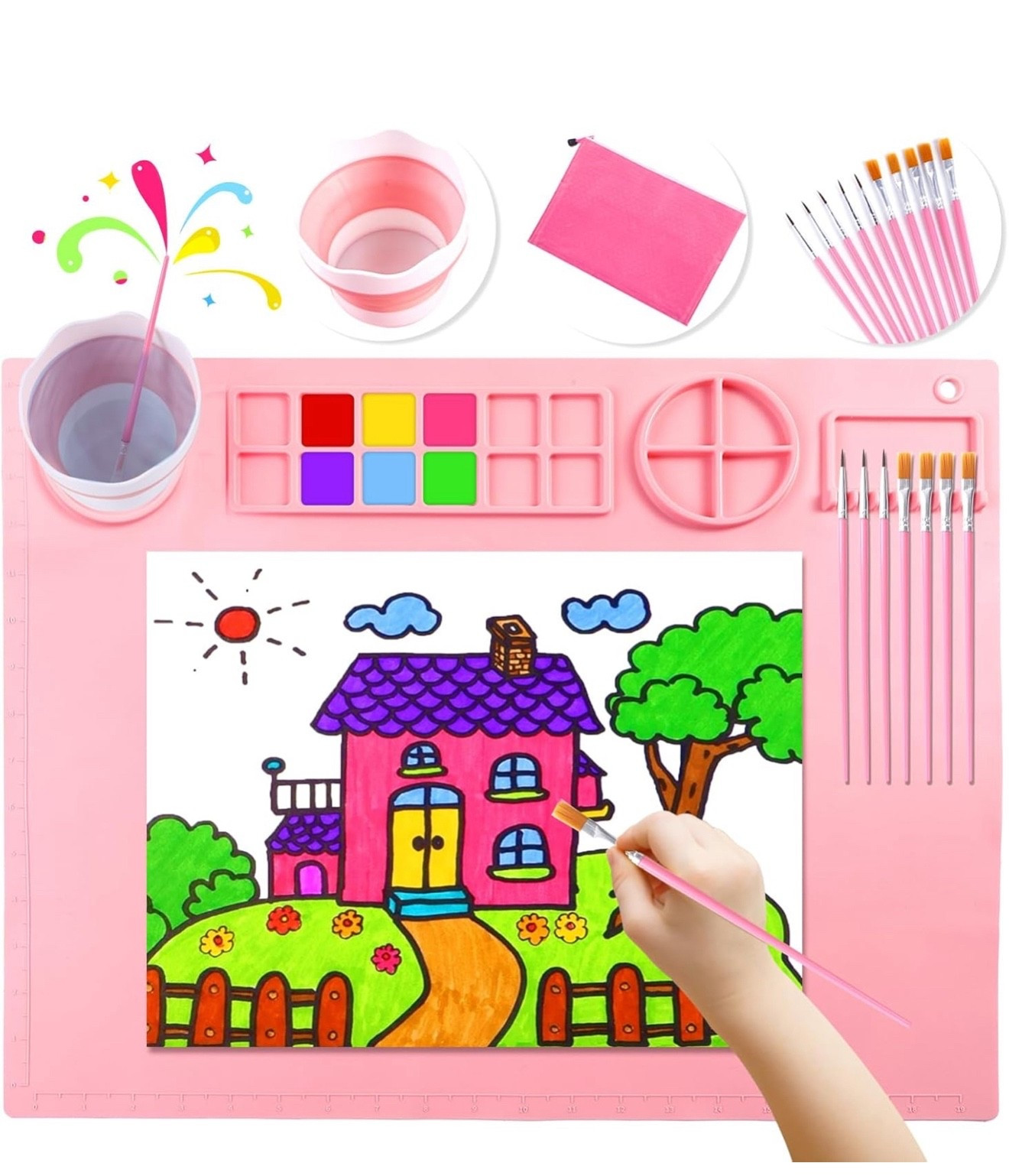 Silicone Craft Mat with Detachable Cup - 20x16 Inch Large Silicone Painting Mat for Kids & Adults - Includes 10 Painting Brushes - Pink