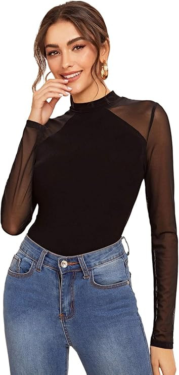 SweatyRocks Women's Long Sleeve Contrast Sheer Mesh Slim Fit T Shirt Tops | Amazon (US)