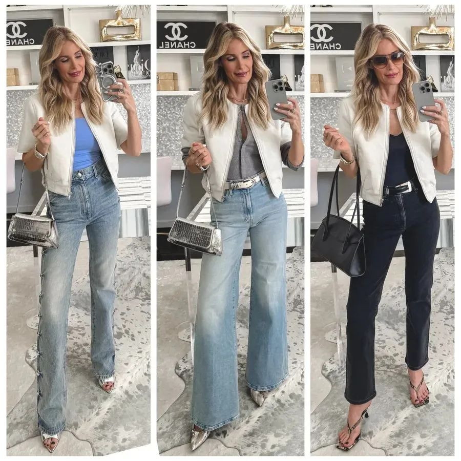 The perfect spring jacket does exist 🤍✨ This cropped ivory vegan leather jacket instantly elevates any outfit. I love the flattering cropped fit and the soft neutral color — it truly goes with everything. Plus, it’s lightweight enough for spring and even cool summer nights. Styled it 3 ways: • With my slimming Khaite jeans (linked exact pair without studs + similar studded option) • With my Mother wide-leg jeans and a gray cardigan • With my DL1961 black cigarette jeans (so good!) All denim runs true to size — wearing a 24 in the jeans and an XS in this must-have jacket 🤍  

 

#LTKgrwm #LTKootd #LTKOver40