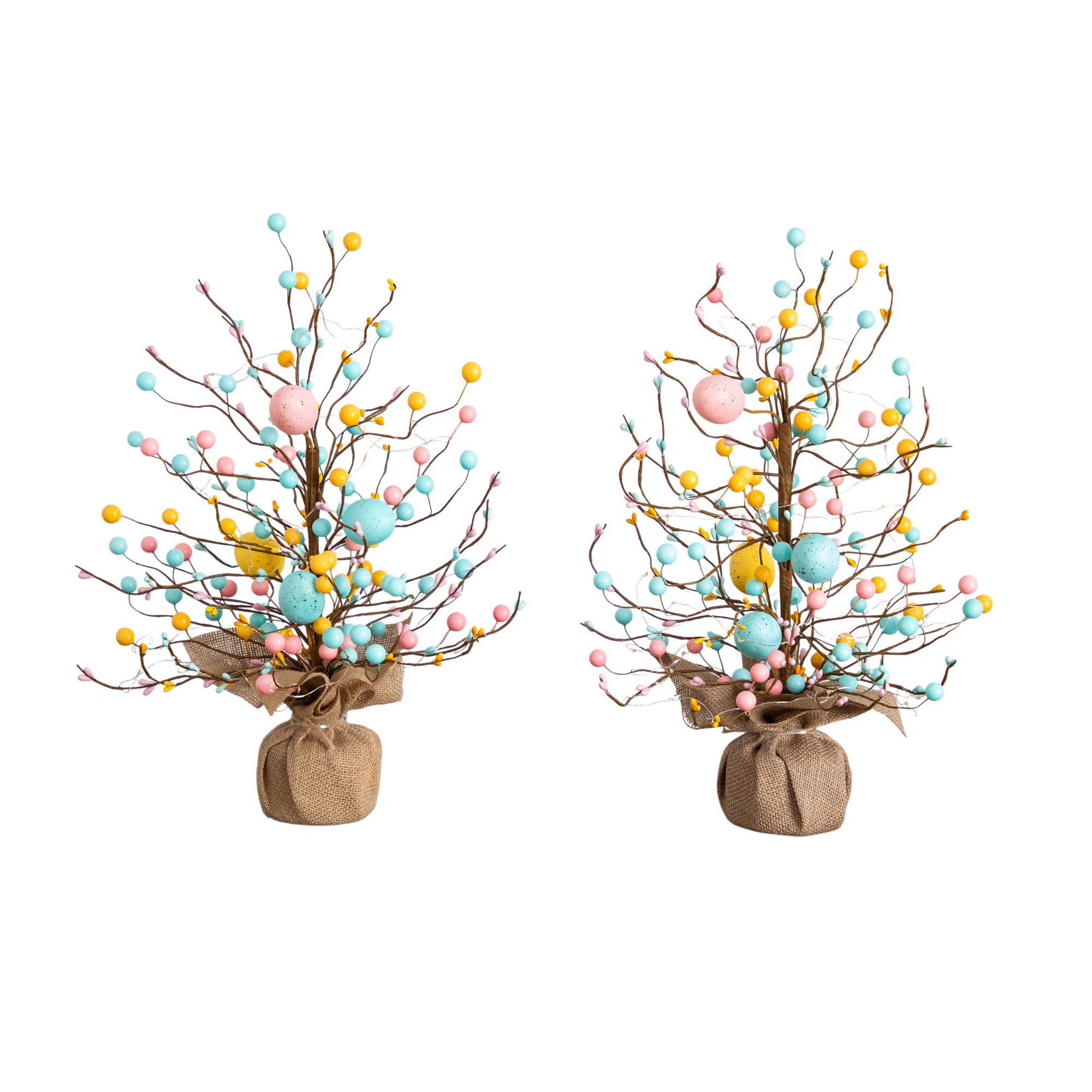 18In. Pre-Lit Artificial Easter Egg Twig Tree With 30 LED Lights In Burlap Wrapped Base - Set Of ... | Wayfair North America
