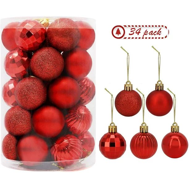 34 PC Christmas 1.5" Ball Ornaments. 5 Assorted Style, Small Shatterproof Xmas Decorations for Ch... | Walmart (US)