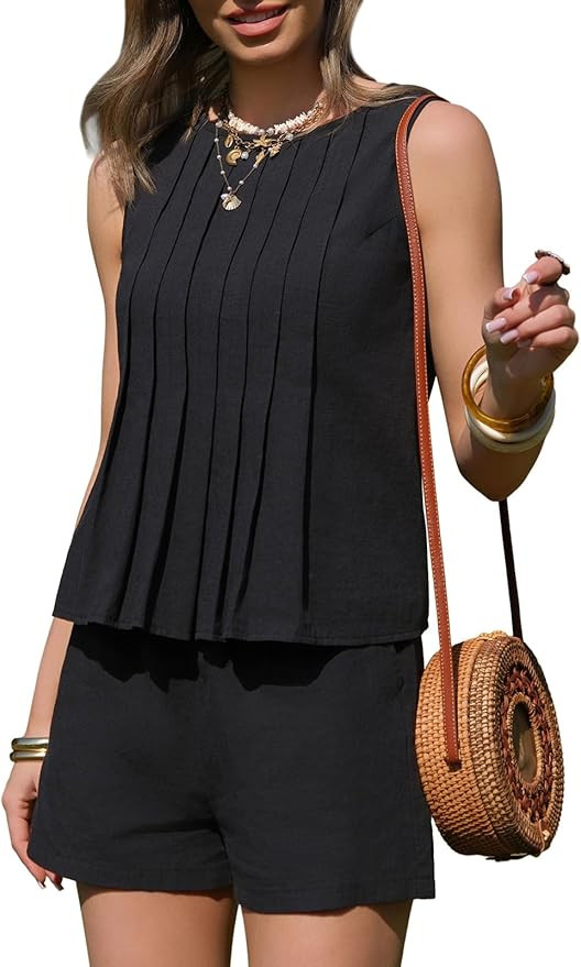 EXLURA Linen Sets for Women 2 Piece Sleeveless Pleated Babydoll Tops Casual Matching Short Set Su... | Amazon (US)