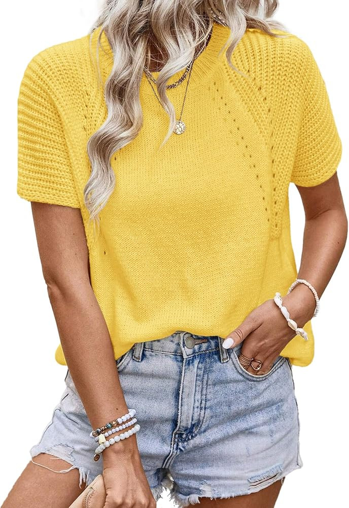 Dokotoo Women's Tops Dressy Casual Summer Crewneck Short Sleeve Sweaters Knit Solid Trendy Hollow... | Amazon (US)
