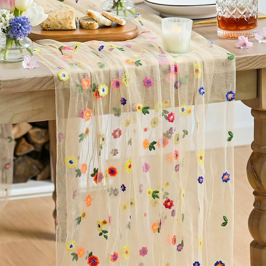 Artoid Mode Champagne Embroidery Daisy Gauze Table Runner 120 Inch 10FT, Seasonal Sheer Kitchen D... | Amazon (US)