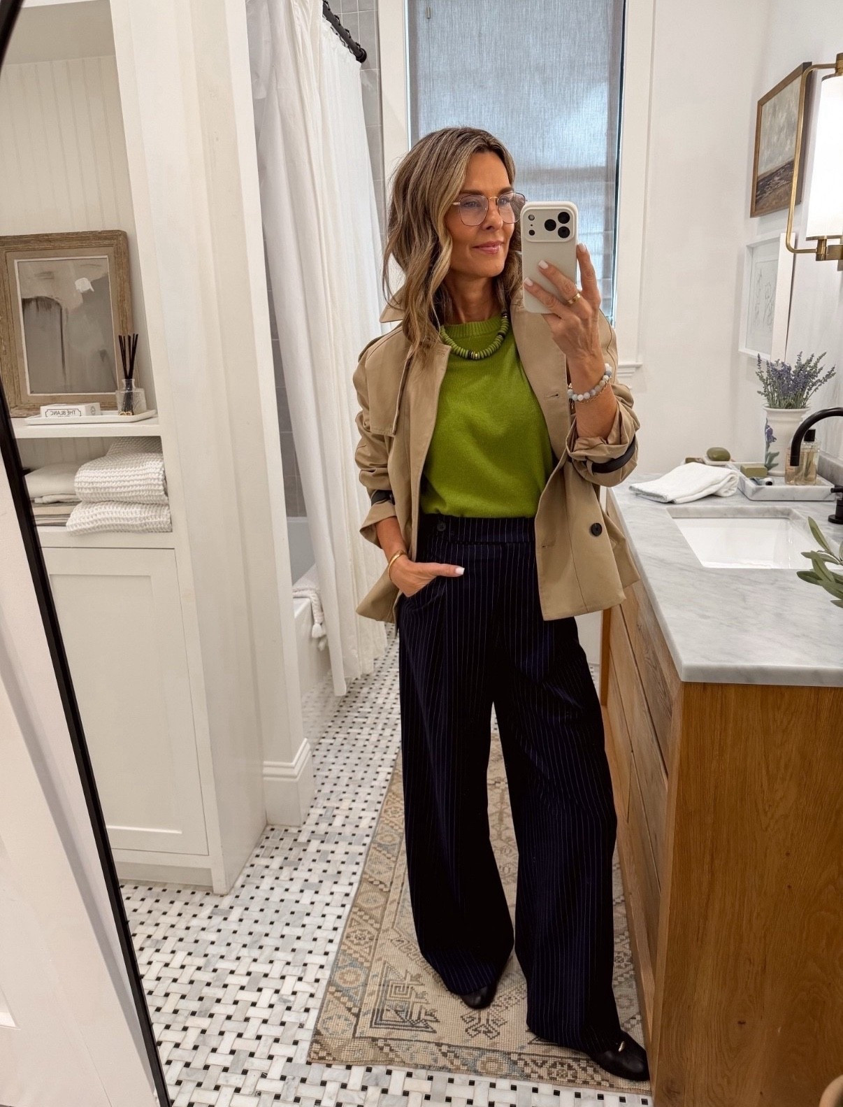 I’m 5’6’’
-J Crew chartreuse  sweater size XS
-Tanya Taylor pinstripe pant size 0, size up if in between. I had them hemmed. Exact pants are on ShopMy https://go.shopmy.us/p-43589827
-Zara shoes TTS
-Sequin jewelry discount code Tammy20
-BenaarLA cinched waist trenchcoat TTS

#LTKOver40 #LTKSeasonal #LTKootd