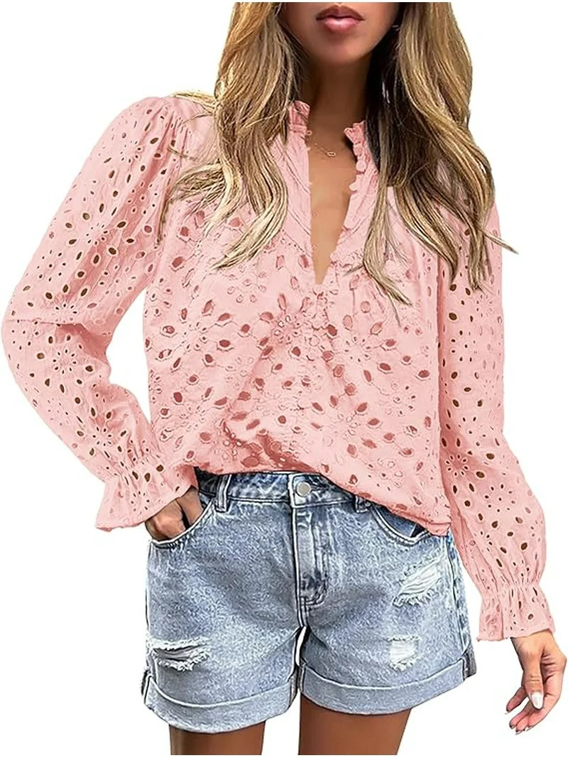 PRETTYGARDEN Women's Dressy Casual Blouse Tops Fall Puff Long Sleeve Button V Neck Hollow Out Lac... | Walmart (US)
