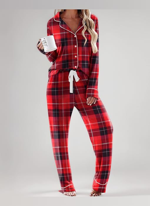Ekouaer Schlafanzug Damen Lang Zweiteiler Pyjama Set mit Knopfleiste | Amazon (DE)