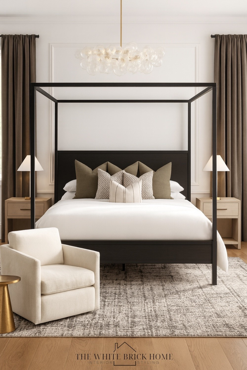 This sophisticated bedroom design contains modern elegance, blending warm neutrals and clean lines for a timeless retreat. 

Bed, bedroom, bedroom design, canopy bed, black canopy bed, nightstand, accent chair, table lamps, curtains, bedding, accent pillows, area rug, home design, home decor, master bedroom, primary bedroom, bedroom decor ideas, chandelier, bubble chandelier, bedroom lighting, crate and barrel bedroom, pottery barn, Wayfair 

#LTKStyleTip #LTKSaleAlert #LTKHome