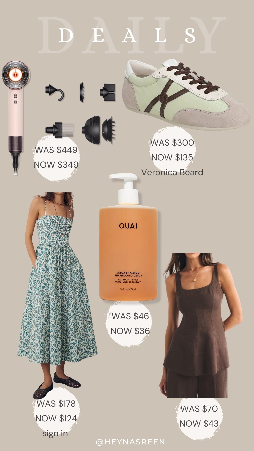 Daily deals on Dyson hairdryer, Veronica Beard slip-on sneakers, Quai detoxifying shampoo, Abercrombie linen top, Anthropologie dress