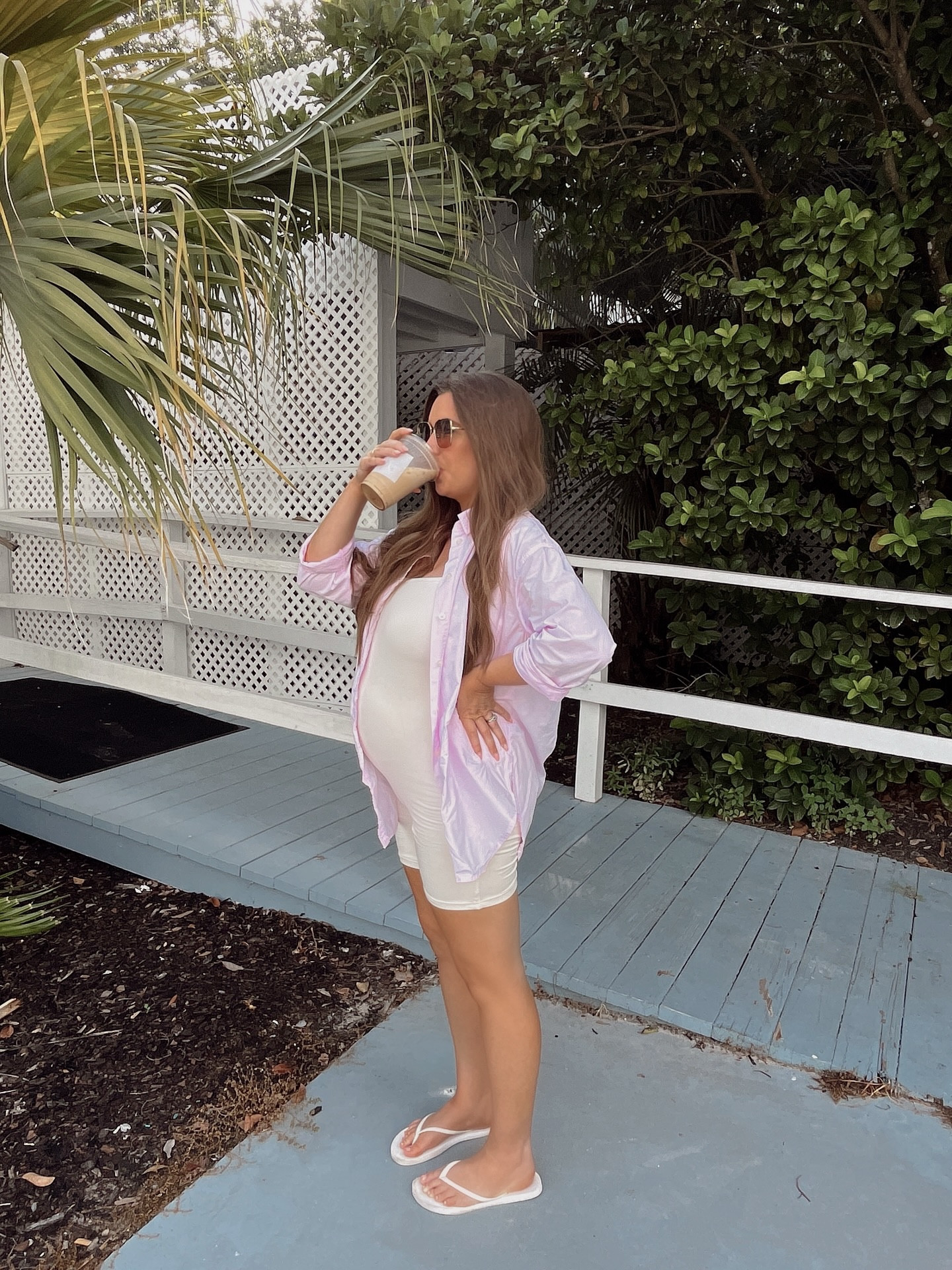 sunday coffee hits different ☕️ the BUMP is OUT 👏🏼🌸 my fave buttery soft maternity romper + this pink target button down say OUTFIT for 🔗

coffee run | 30a coffee shop | bump style | bump amazon fashion | casual bump style 
#30a #bumpstyle #bumpromper #amazonfashion #maternitystyle