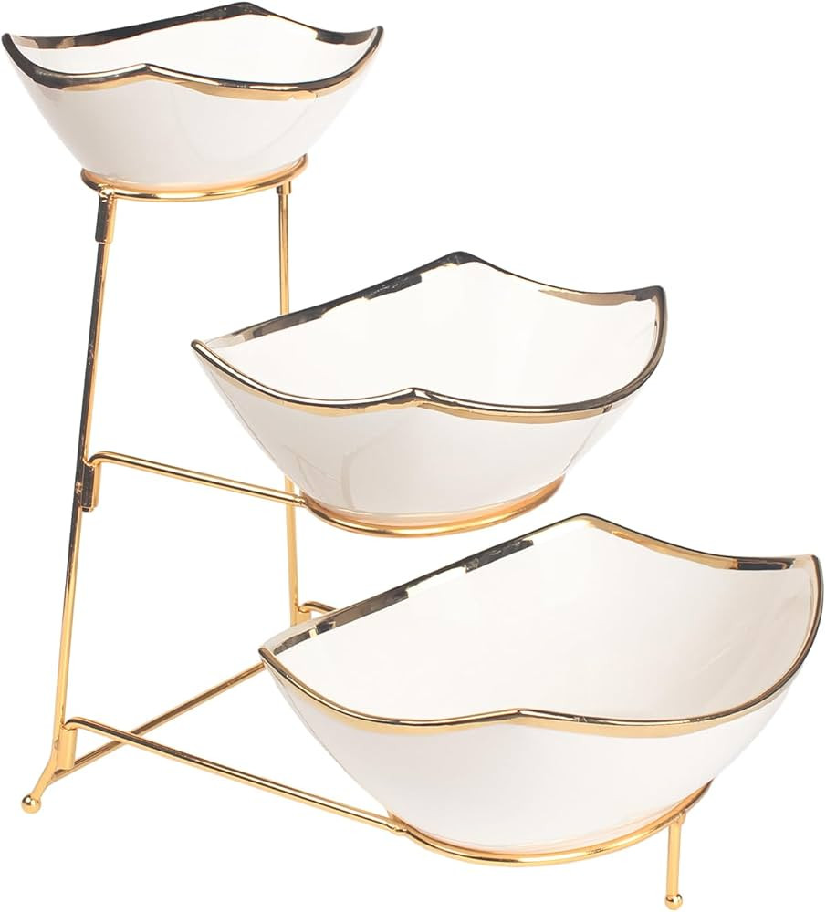 3-Tier Serving Rack with Ceramic Serving Bowls, Foldable Gold Stand with 3 Pieces 7.1"+8.5"+10.2"... | Amazon (US)