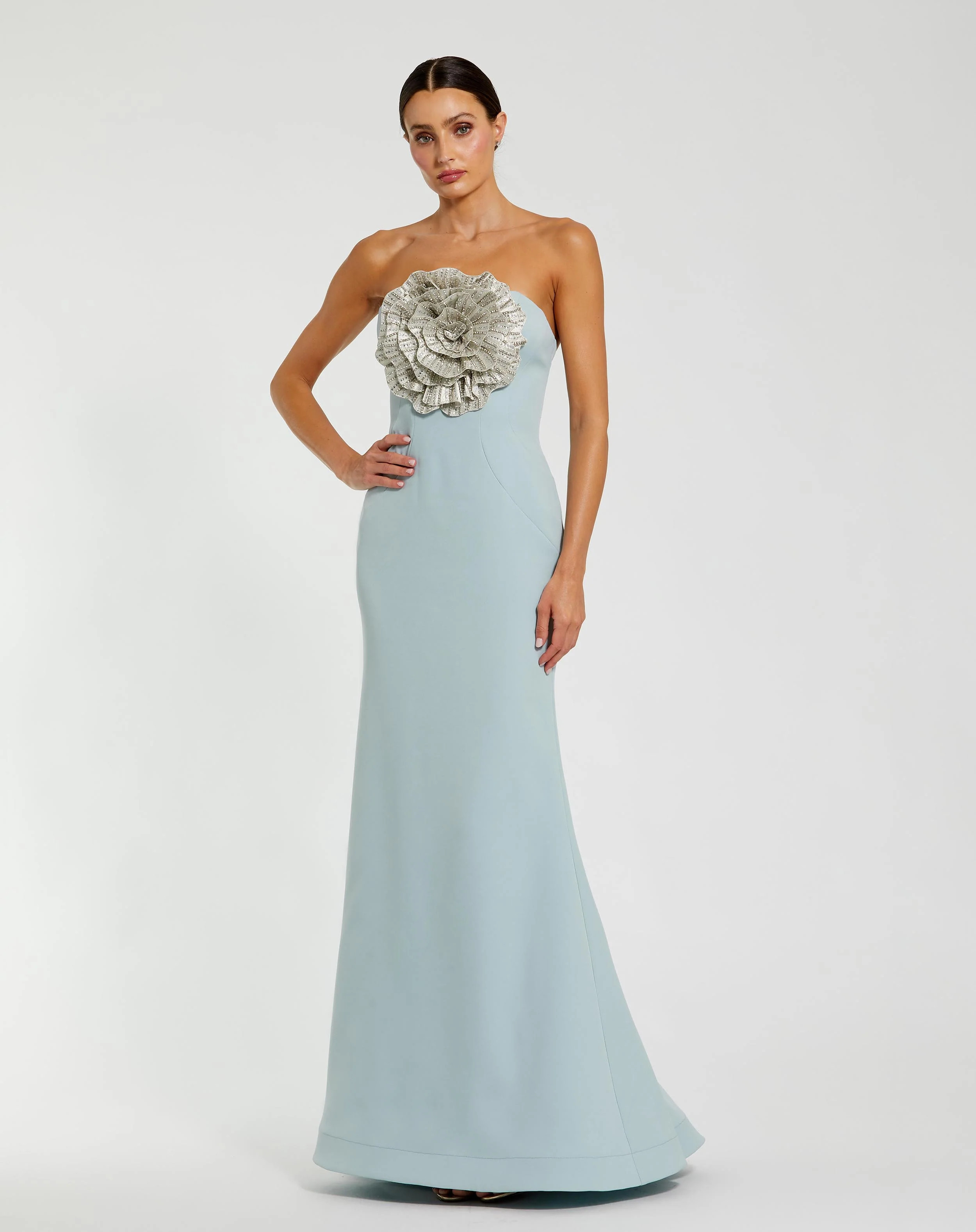 Blue Crepe Strapless Gown With 3D Rhinestone Flower | Mac Duggal