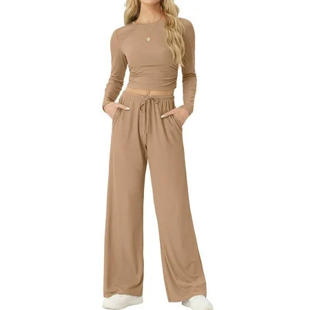 MINTREUS Lounge Sets for Women Long Sleeve Tops Wide Leg Pants Comfy Loungewear Two Piece Outfits with Pocketed | Walmart (US)