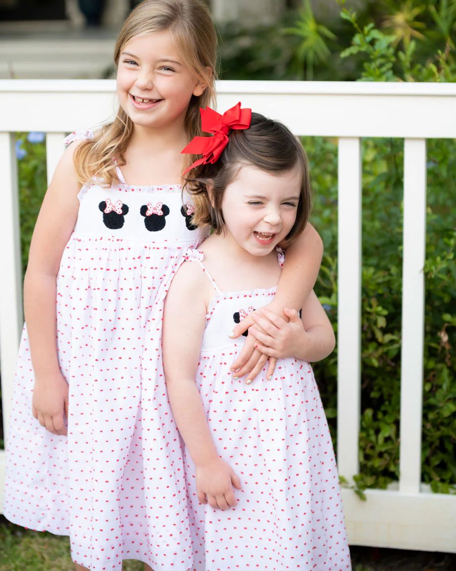 Mouse with Bows Smocked Red Swiss Dot Dress | Smockingbird Kids