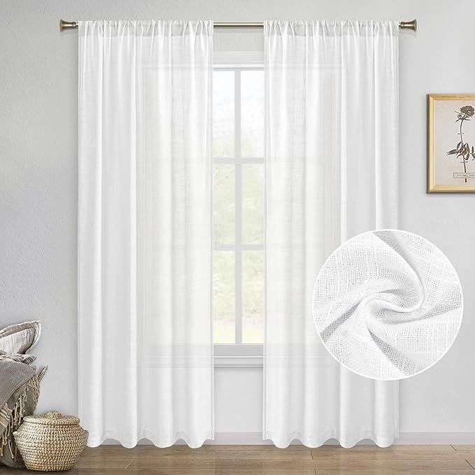 DWCN White Faux Linen Sheer Curtains - Rod Pocket Textured Semi Voile Bedroom and Living Room Win... | Amazon (US)