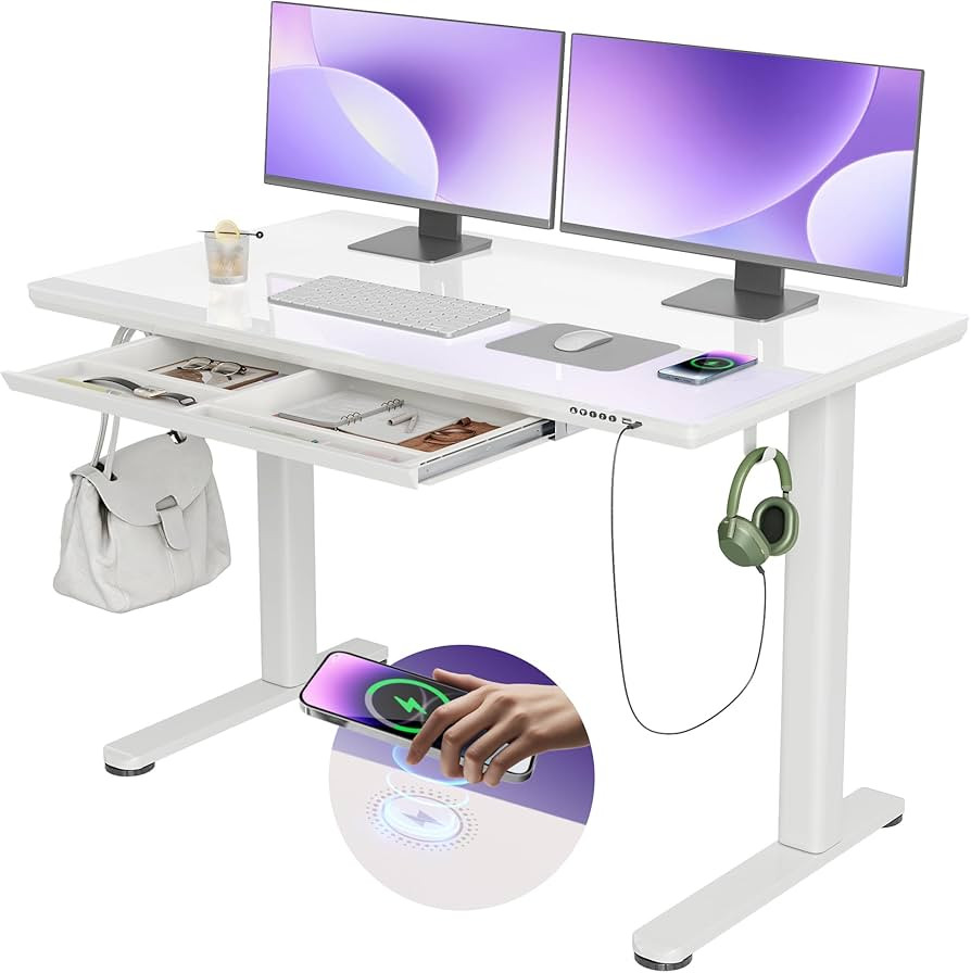 Wireless Charging Glass Standing Desk with Drawers, Adjustable Height Stand Up Desk, Electric Sta... | Amazon (US)