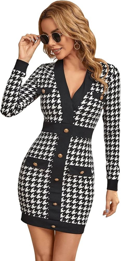 SweatyRocks Women's Long Sleeve V Neck Dress Houndstooth Button Front Bodycon Mini Dresses | Amazon (US)