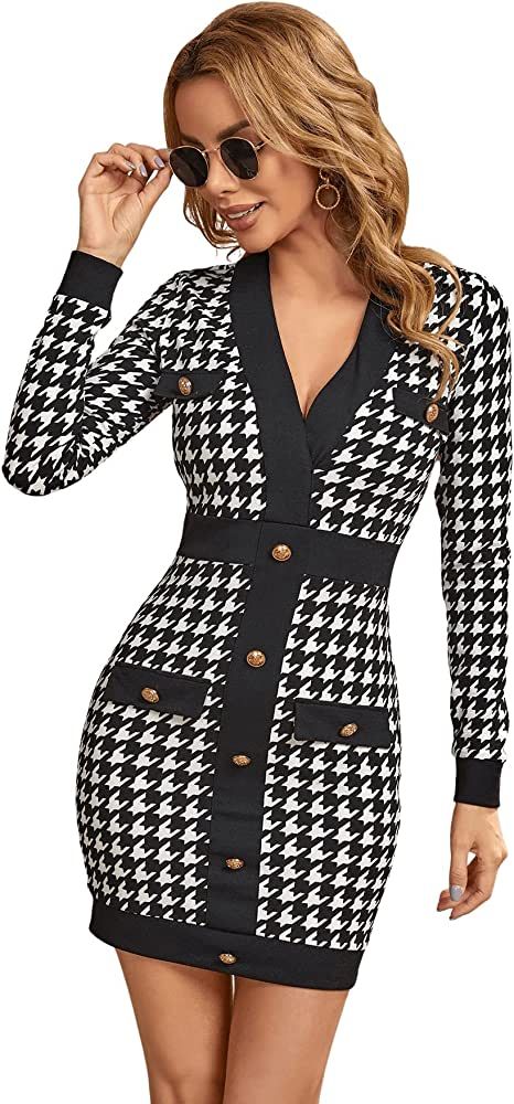 SweatyRocks Women's Long Sleeve V Neck Dress Houndstooth Button Front Bodycon Mini Dresses | Amazon (US)