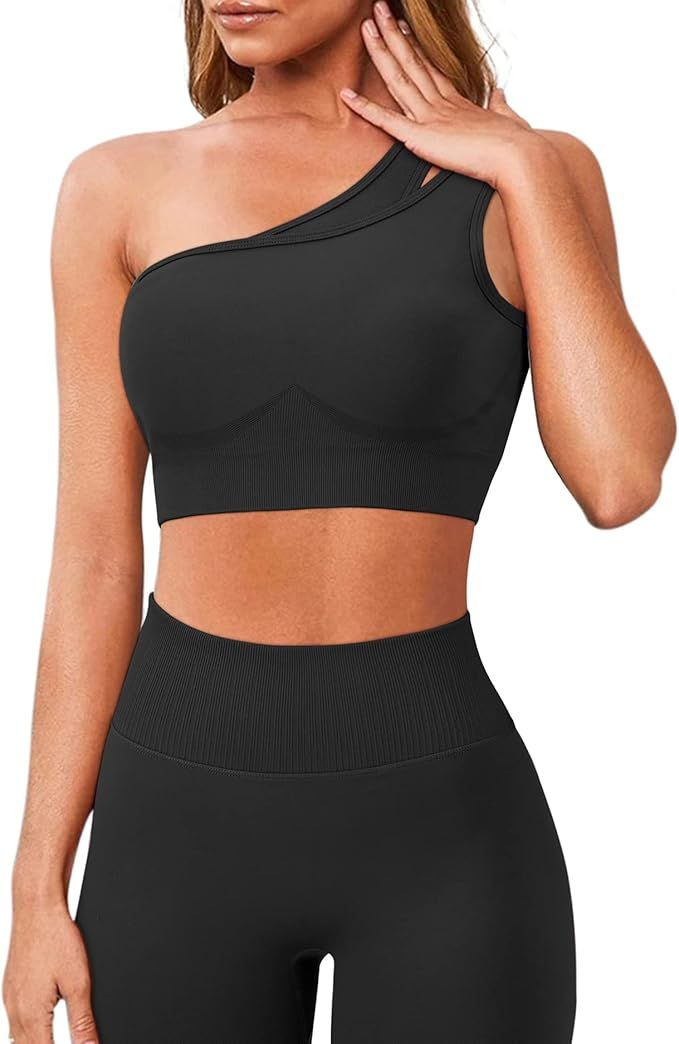 OMKAGI Workout Set for Women 2 Piece Seamless One Shoulder Sports Bra Scrunch Butt Lifting leggin... | Amazon (US)