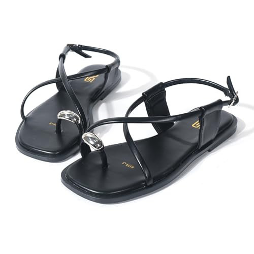 GHIBHNA Women'S Leather Strappy Toe Ring Flat Slippers Summer Square Open Toe Buckle Strap Beach Roman Sandals Fashion Casual Thong Sandals (black,8.5) | Amazon (US)