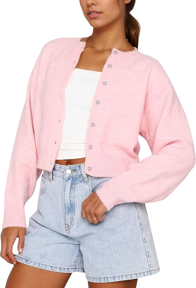 Women Casual Open Front Button Down Cropped Cardigan Sweaters Y2k Crewneck Long Sleeve Fall Knitw... | Amazon (US)