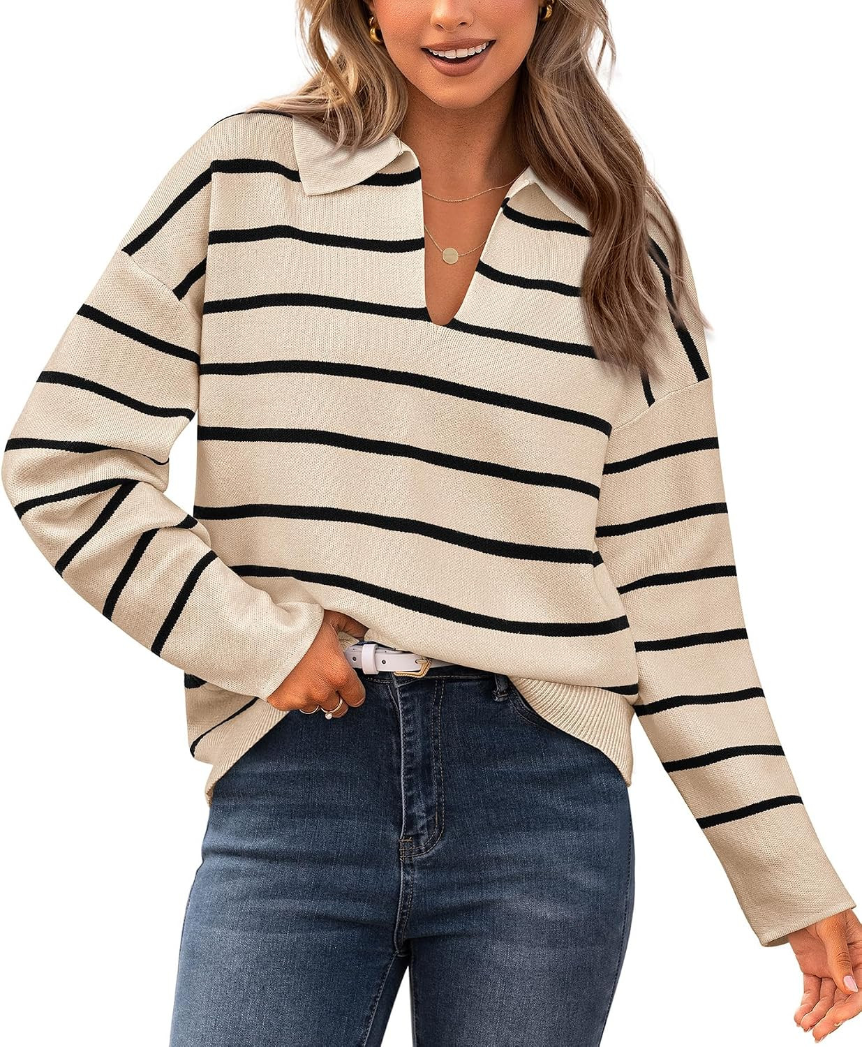 CFLONGE Women's 2024 Fall Winter Casual Breton Striped Long Sleeve Polo V Neck LightweightPullover Sweater Loose Fit Drop Shoulder Knitted Shirts Tops(Medium,Apricot) | Amazon (US)