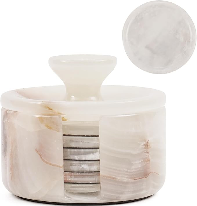 Marble Coasters Set of 6 Round Handmade 3.5" Inches Cream Onyx Stone Coaster for Drinks with Hold... | Amazon (US)