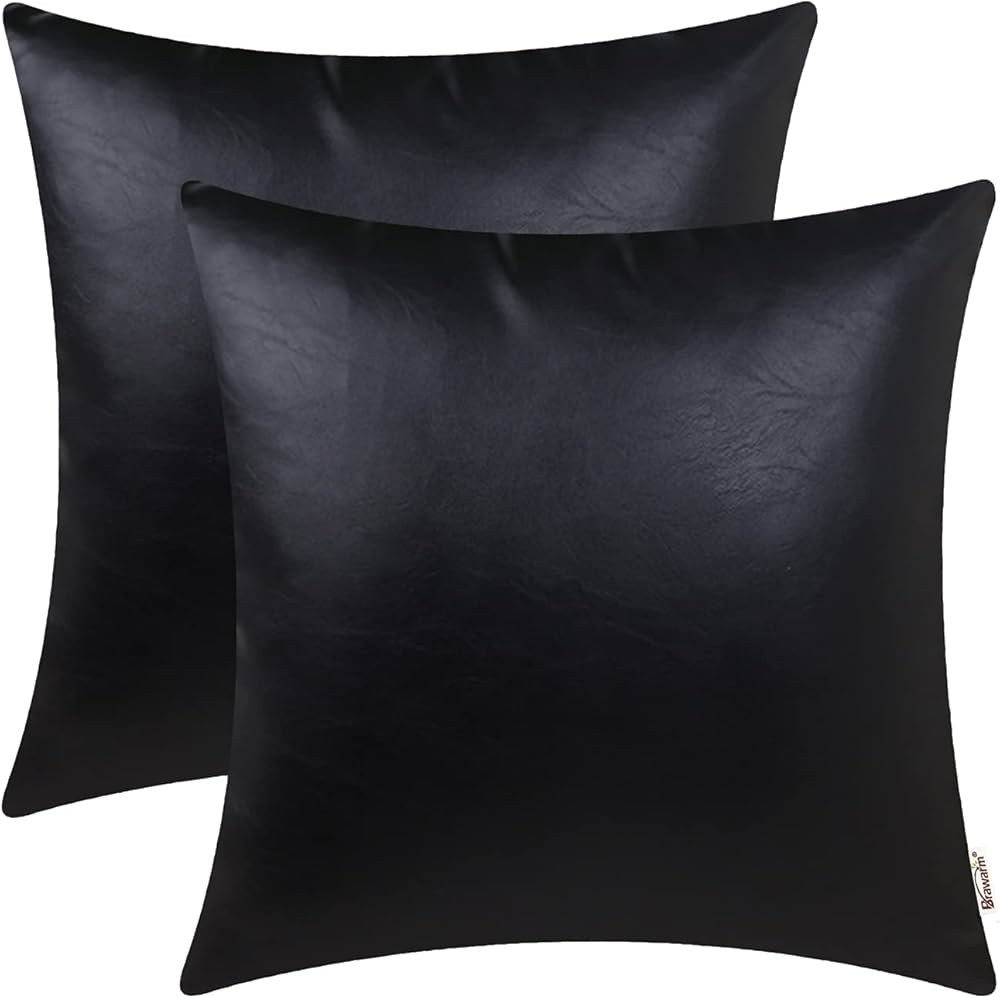 Brawarm Pack of 2 Black Leather Throw Pillows 18 X 18 Inches, Black Faux Leather Decorative Throw... | Amazon (US)