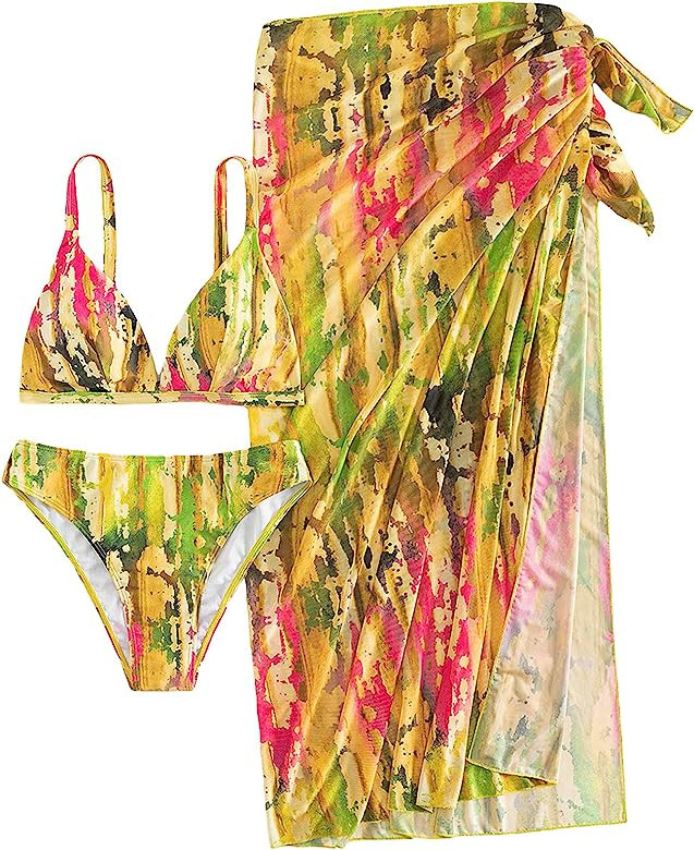 WDIRARA Women's 3 Pieces Tropical Print Ruffle Hem Tie Front Bikini Swimsuit with Beach Skirt | Amazon (US)