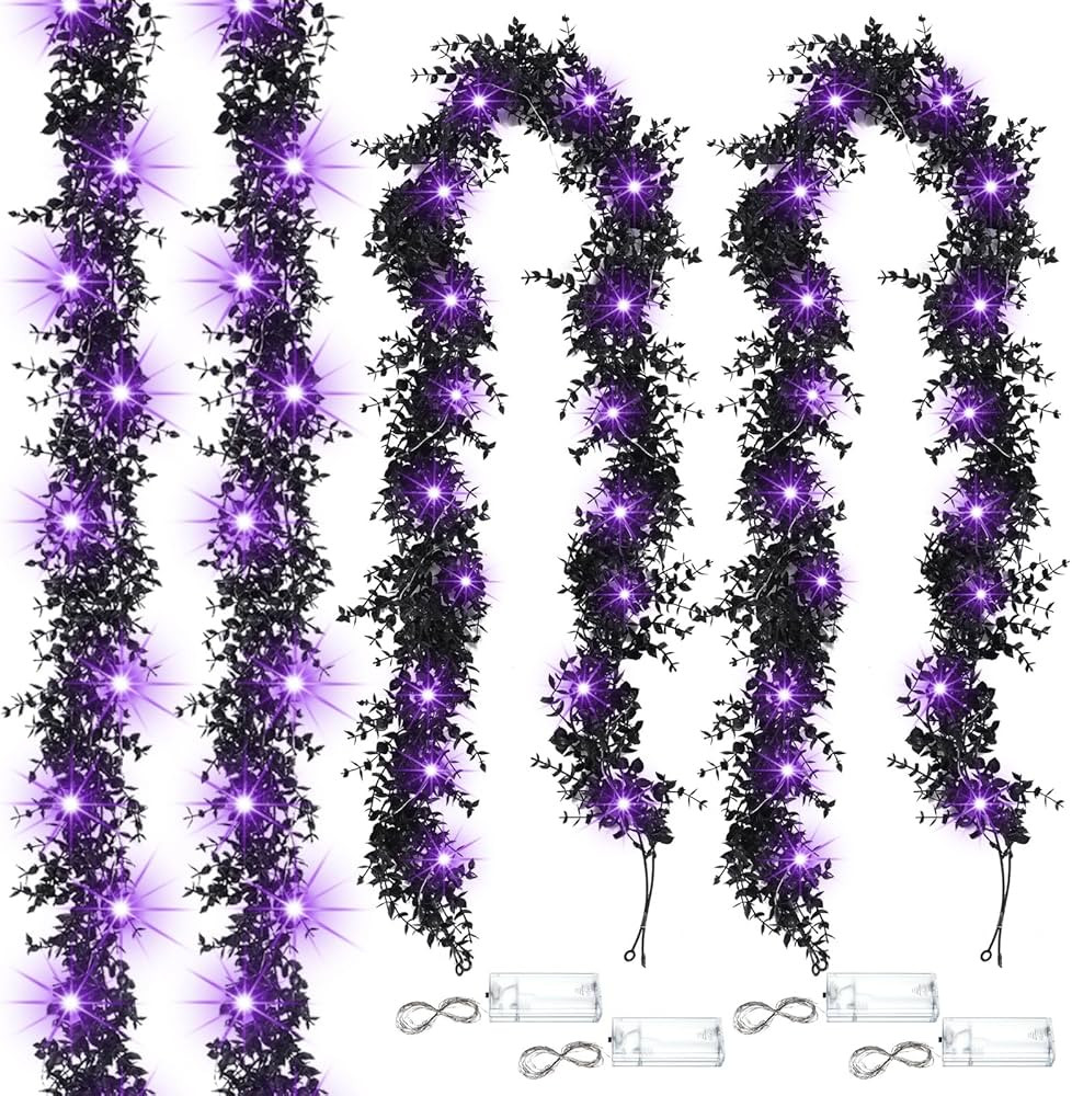 4 Pcs 5.9ft Halloween Black Leaves Garland with Light Artificial Eucalyptus Garland Light up Hall... | Amazon (US)