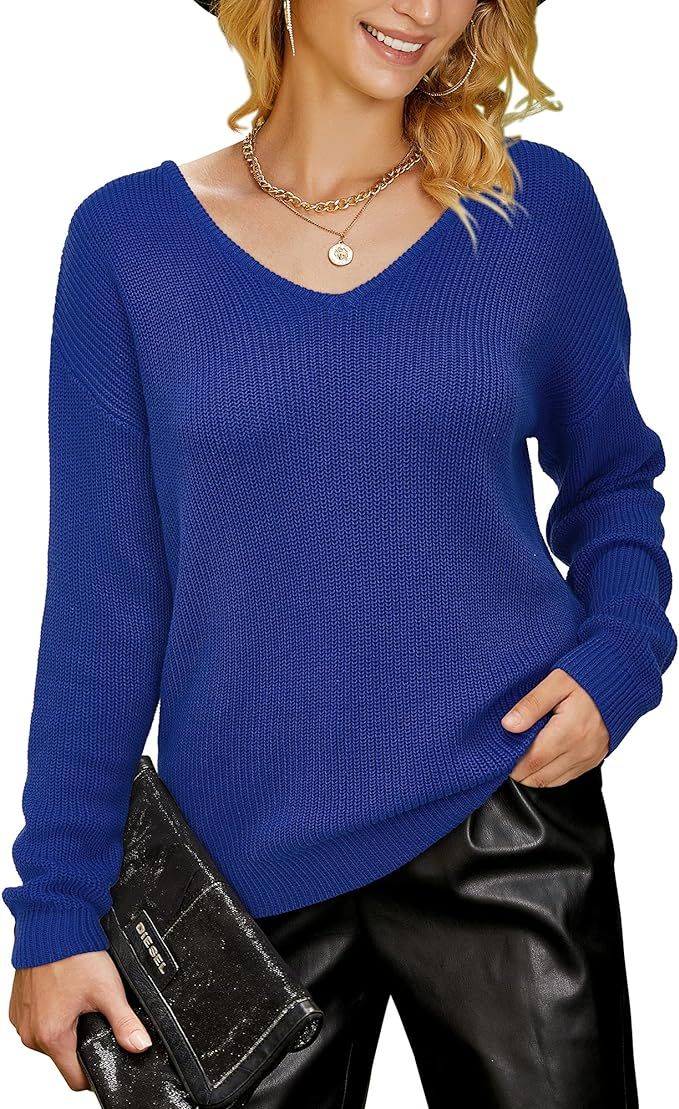 Arach&Cloz Women's V Neck Sweater Long Sleeve Solid Loose Pullover Knit Tops | Amazon (US)