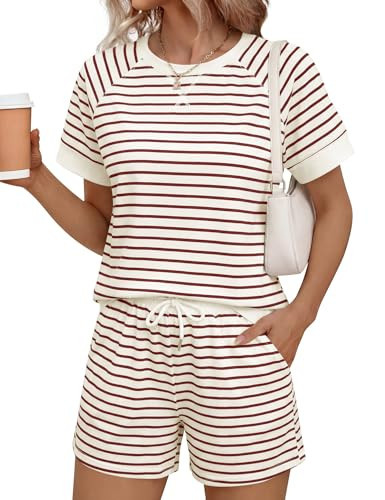 LOMON 2 Piece Shorts Set for Women Sets for Women Clothing Summer Short Sets for Womens 2 Piece Vacation Wine Red Stripe M | Amazon (US)