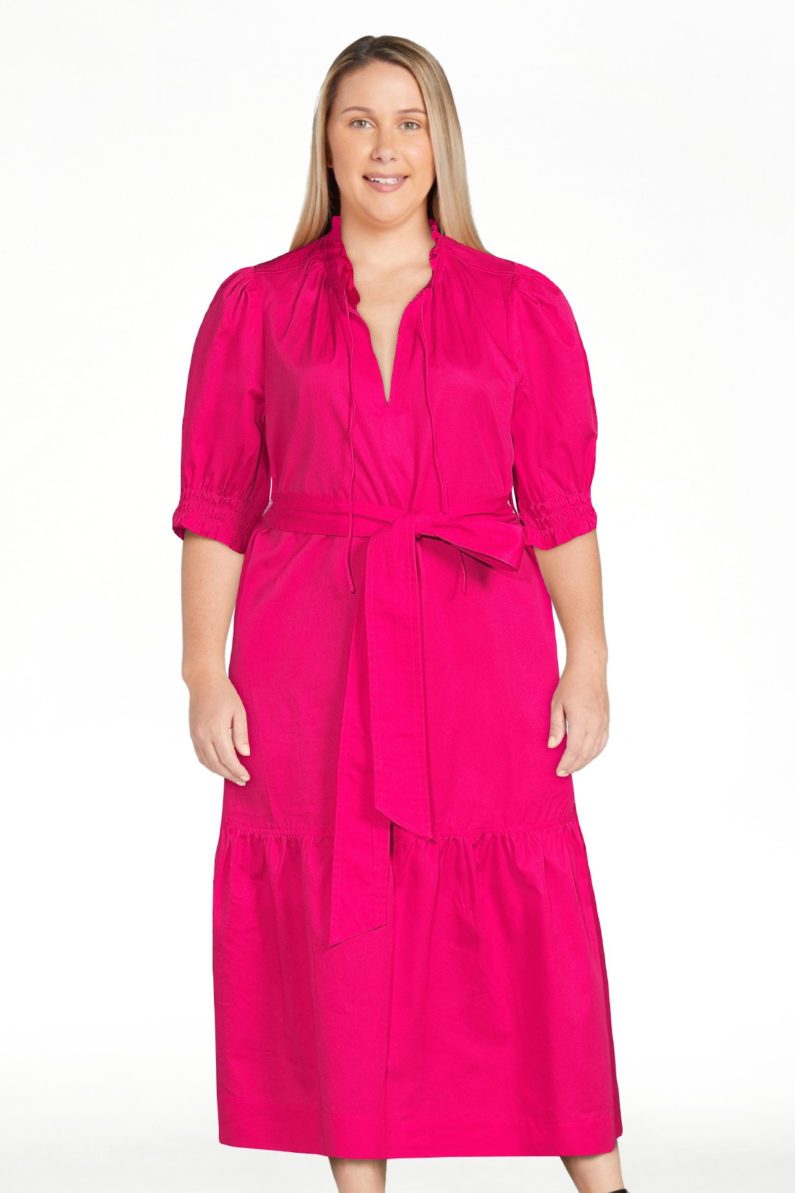 Free Assembly Women's Ruffle Neck Belted Midi Dress with Short Sleeves, Size XS-XXL | Walmart (US)