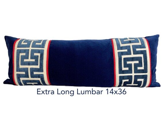Extra Long Lumbar  14x36 Navy Velvet Pillow Cover with Red | Etsy | Etsy (US)
