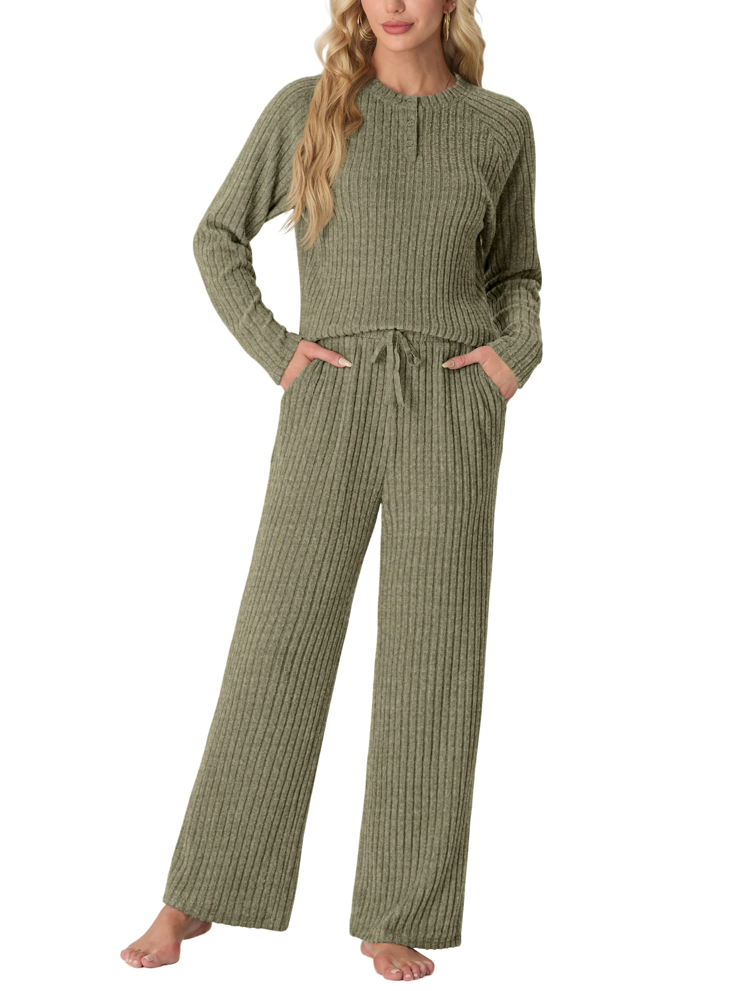 MINTREUS Women's Pajama Set Long Sleeve Lounge Set Ribbed knit Sleepwear Two Piece Pjs Set with P... | Walmart (US)
