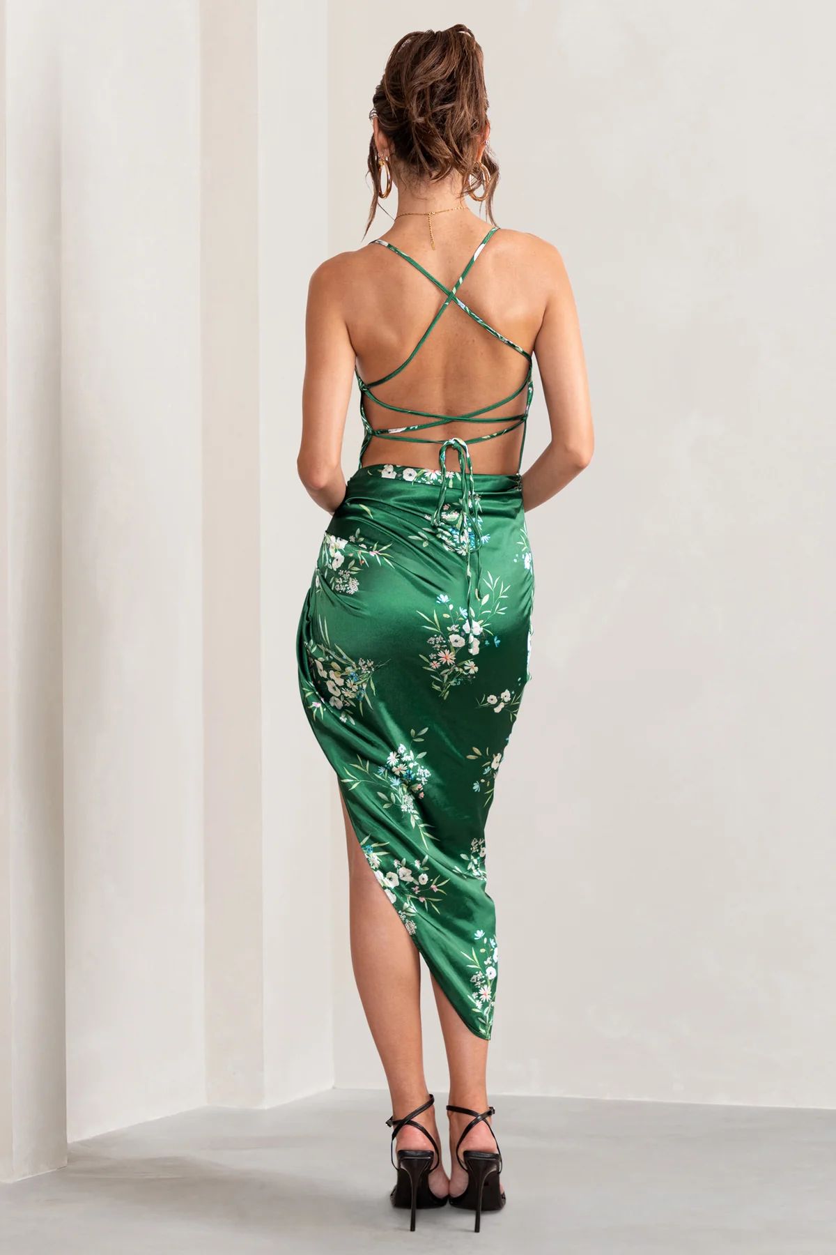 Risk It All | Green Floral Print Cami Cowl Neck Satin Asymmetric Hem Midi Dress | Club L London