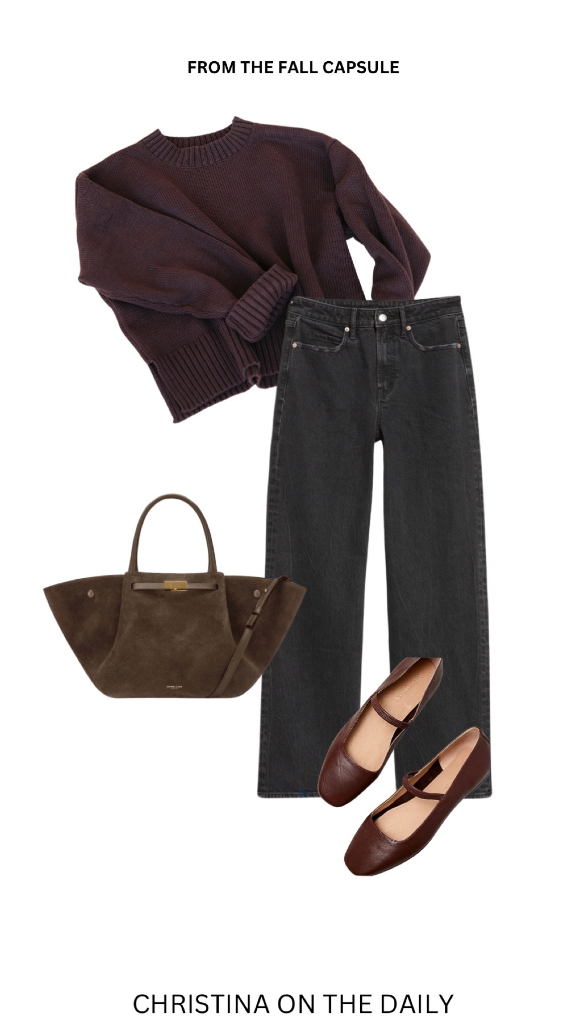 Brown sweater and ballet flats with black jeans 

Wide leg
Suede bag